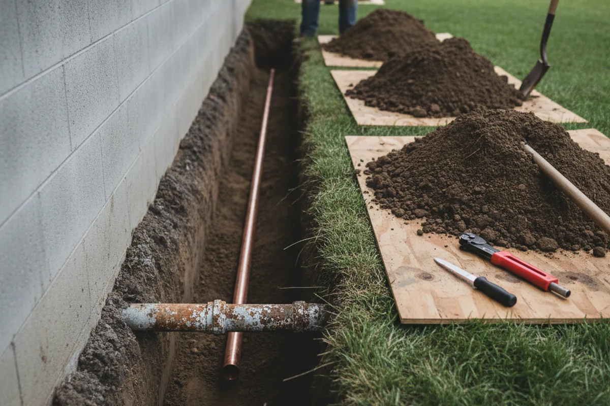 Excavated water line trench during Water Softener Installation in Indian Springs